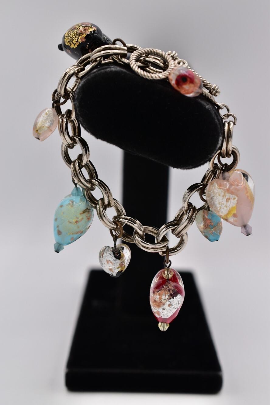 Vintage Artisan Glass Heart Charm Bracelet Multi-Color Silver Chunky 1980s BinAD